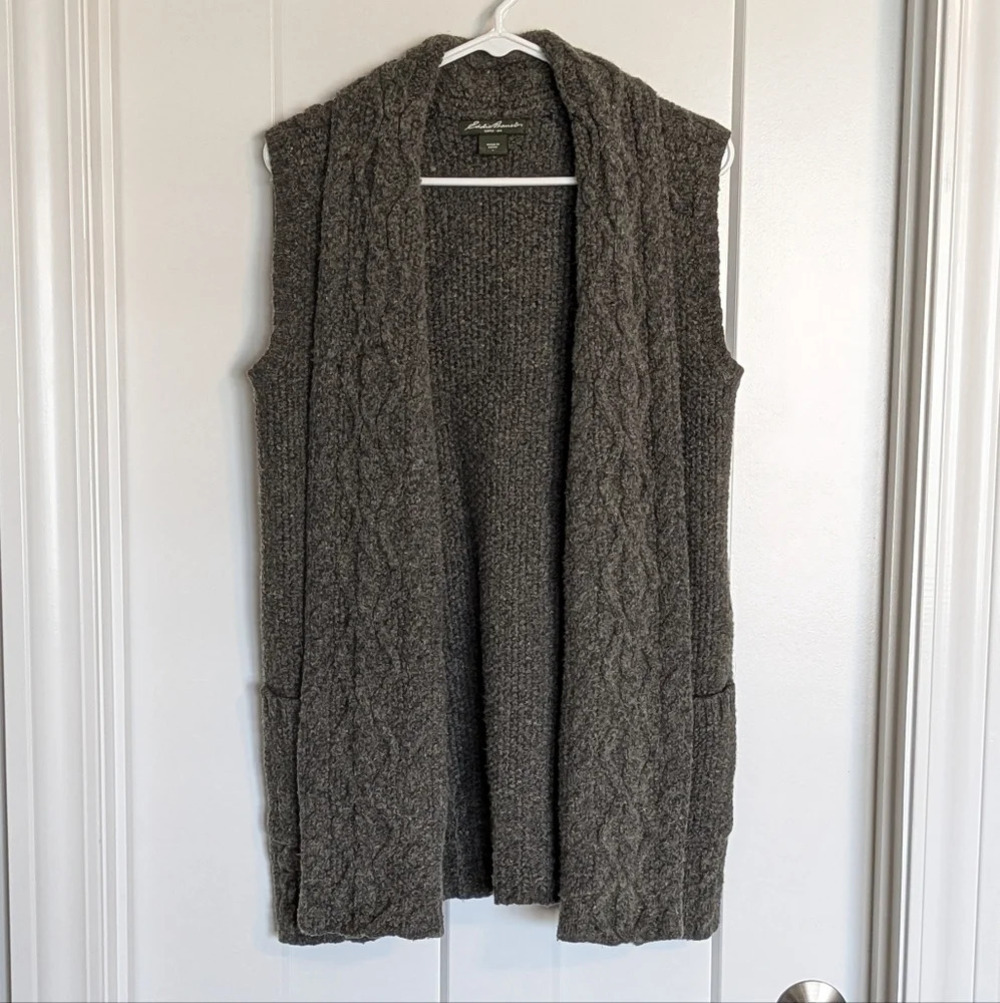 Eddie Bauer Sleeveless Wool Open Front Cardigan Green Cable Knit sz L